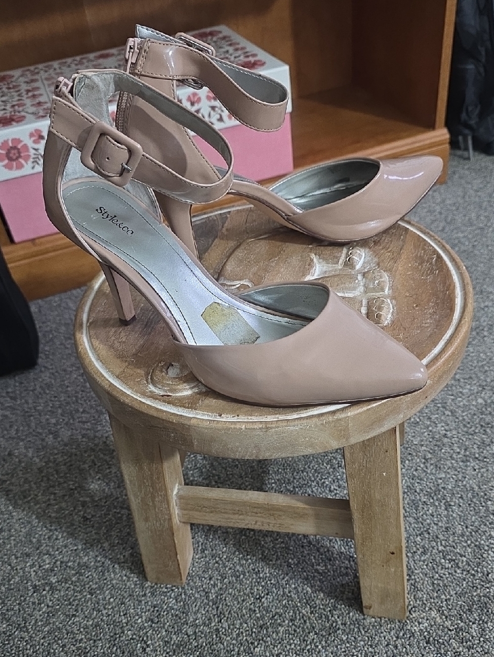 Style & Co. Nude Patent Pointed-Toe Ankle-Strap Pumps
